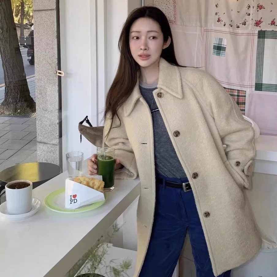 マットピュアカラーフリップカラーシングルボタンウィンターコート東大門スレレディースファイオンアウターウェア春秋