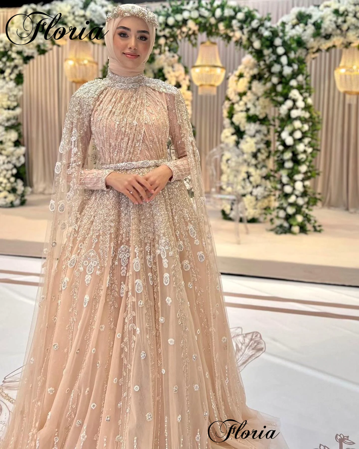 Elegant Muslim Beaded Celebrity Dresses For Women Arabic Long Sleeves Evening Gowns Vestidos De Noche Grand Prom Party Dresses