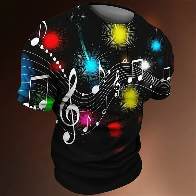 

3D Printed Colorful Music T-Shirt For Men Musical Notes Pattern T Shirts Summer Casual Loose Tees Round Neck Tops Short Sleeves