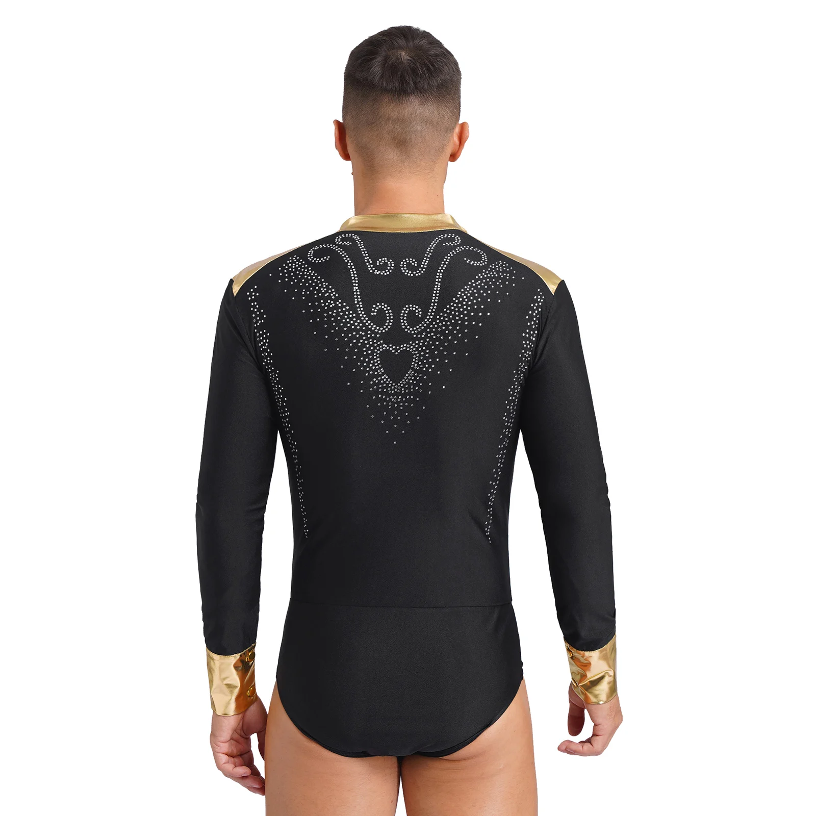 Men Figure Skating Leotard Shiny Rhinestones Jumpsuits Deep V Neck Stand Collar Long Sleeve Metallic Patchwork Sport Competition