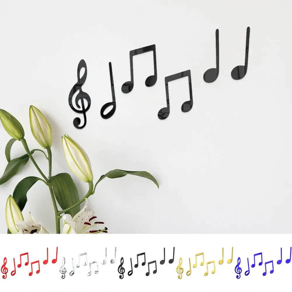 6Pcs Mirror Sticker Smooth Edge Three-dimensional Exquisite Self-adhesive Acrylic Musical Note Wall Sticker Decor Home Supplies