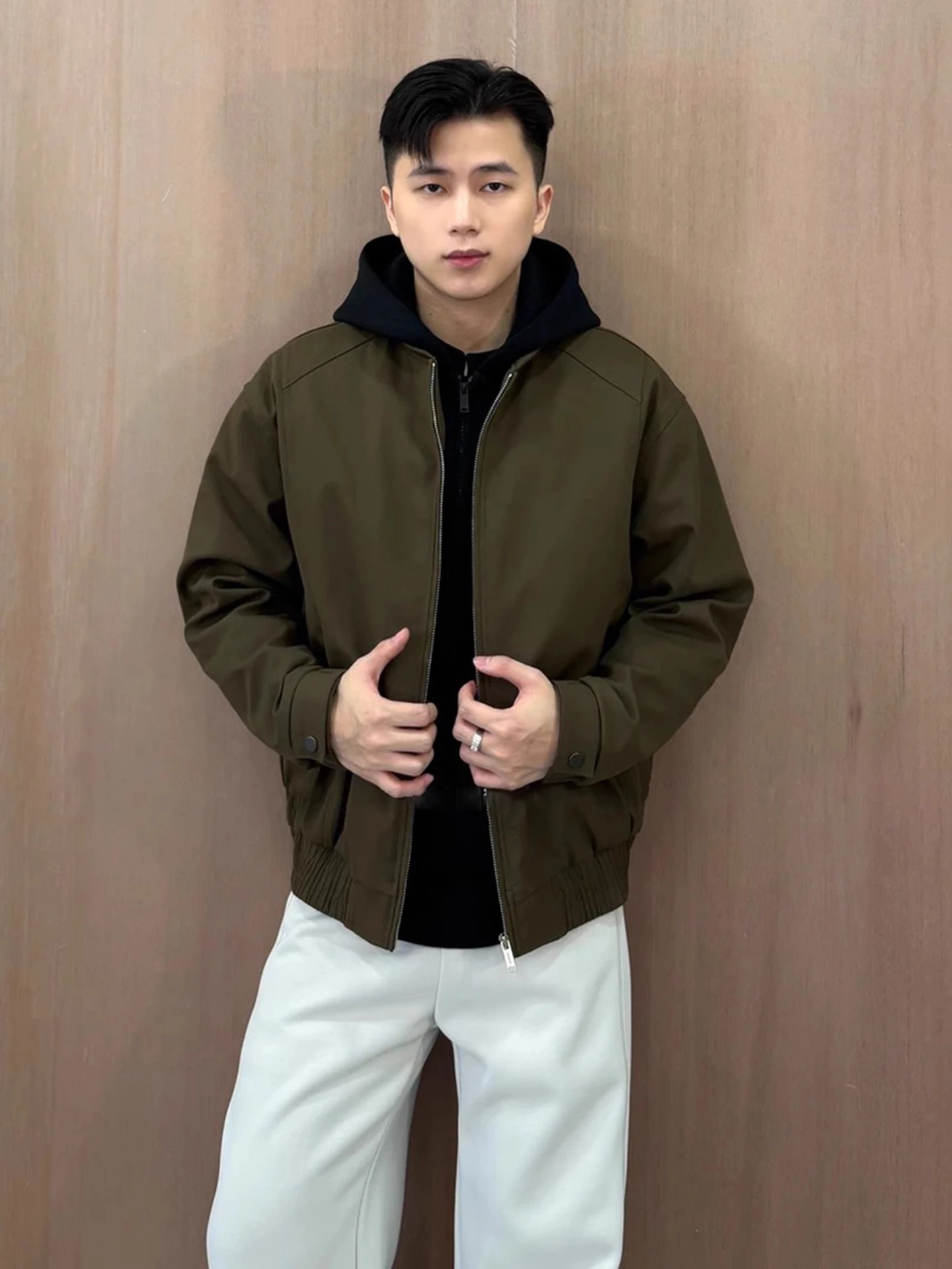 

Men's Winter Jaet Faux Two-Piece Patchwork Fce Lined Thiened Hooded Jaet American High-End Design Cotton Coat