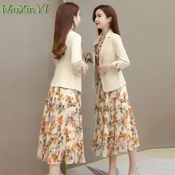 2024 Spring Summer New Casual Blazers Jacket Matching Set Women Elegant Floral Suit Coat Dress Two-piece Female Chic Clothing