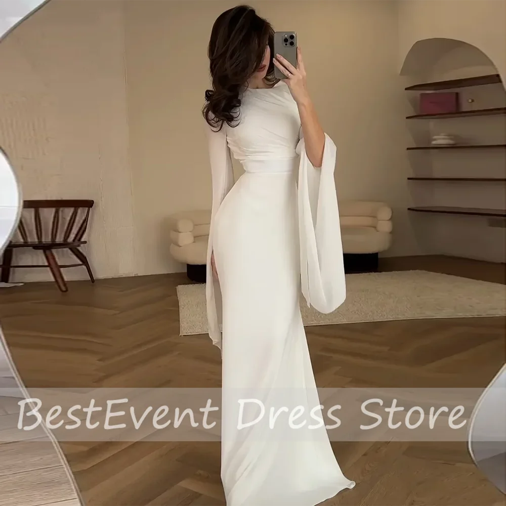 

Custom Made White Wedding Gown O-neck Straight Evening Dress Floor Length Prom Party Dress with Long Puff Sleeve