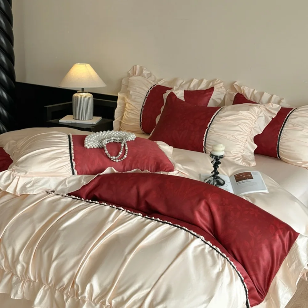 High-count French Lace Four-piece Set Skin-friendly Cotton Jacquard Quilt Cover Red Wedding Bedspread Quilt Cover Bedding Set
