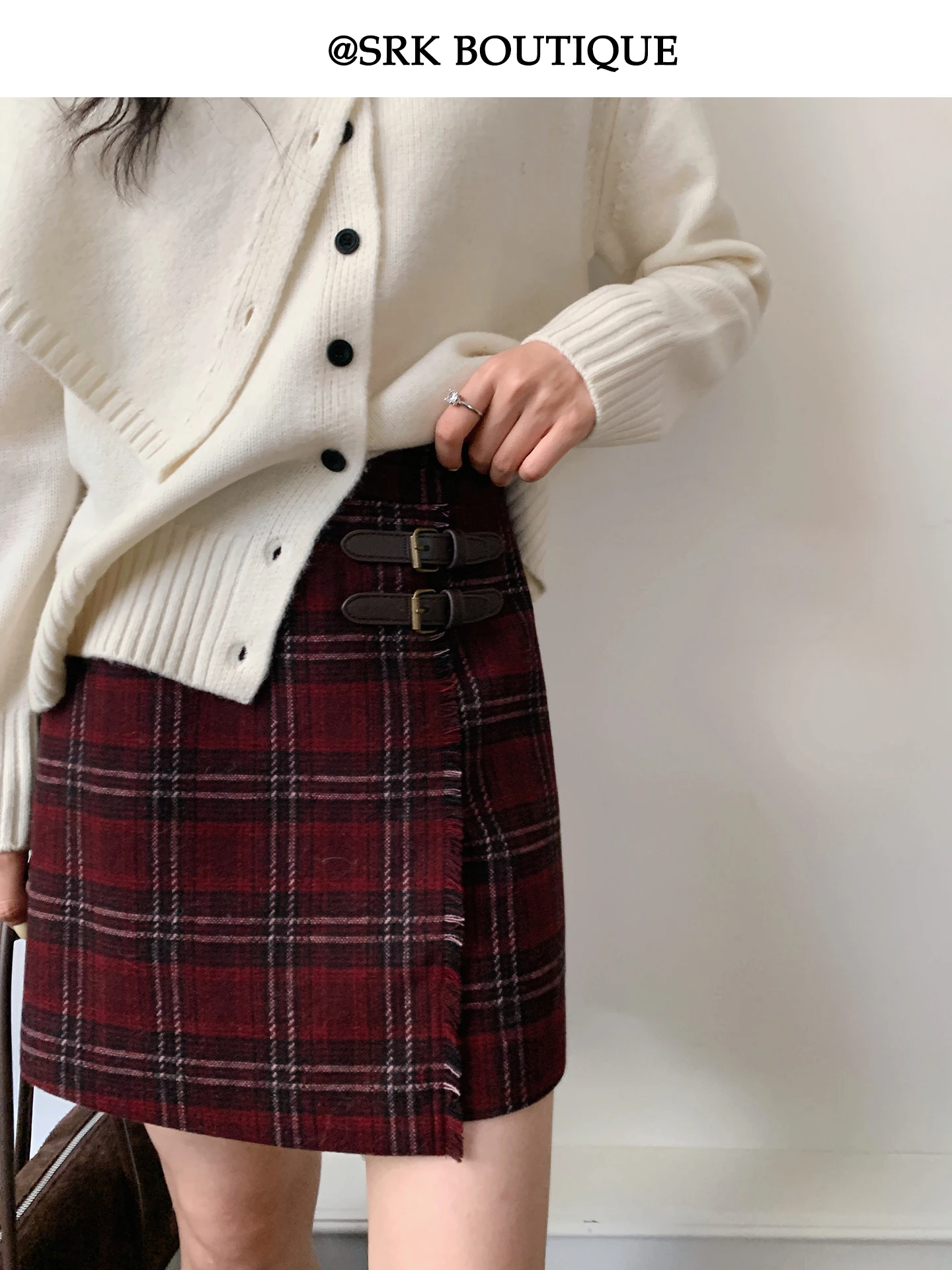 

SRK Винтажная шерстяная юбка с высокой талией в клетку, облегающая, винно-красная, осенне-зимняя, новая, женская, приятная к телу, дышащая юбка