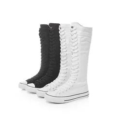 Women's Canvas Boots Zip Shoes Comfortable Womens Shoes Flat High-top Female Sneakers Lace-up Knee-high Boots Bota Feminina