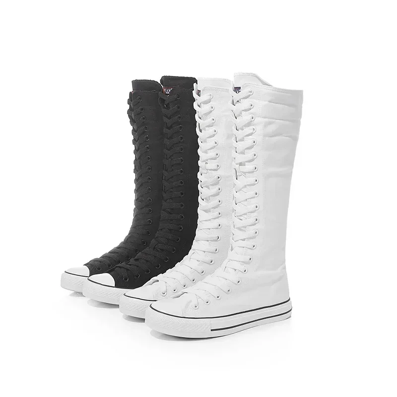 Women's Canvas Boots Zip Shoes Comfortable Womens Shoes Flat High-top Female Sneakers Lace-up Knee-high Boots Bota Feminina