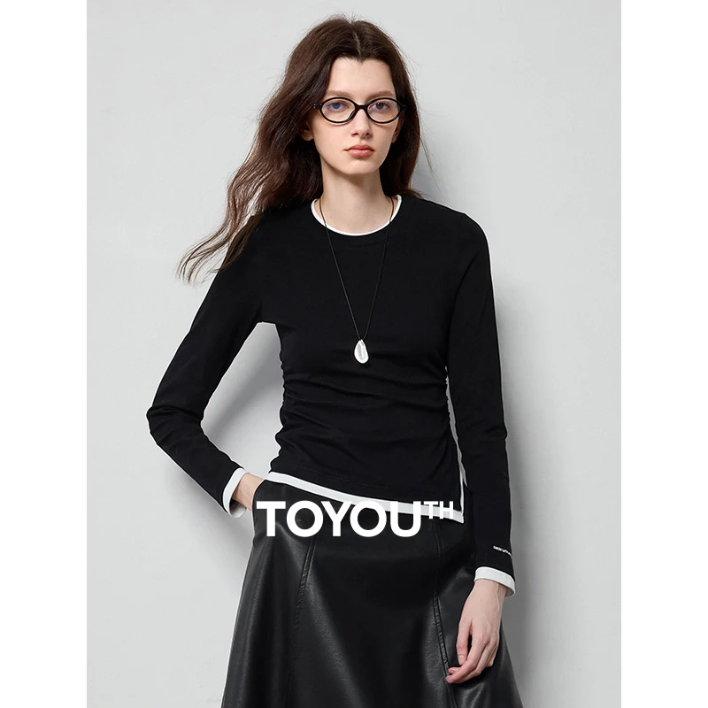 TOYOUTH Women Long Sleeve T-shirt 2024 Autumn New Fake Two Piece Slim Waist Open Slit Contrasting Color Pullover Tops