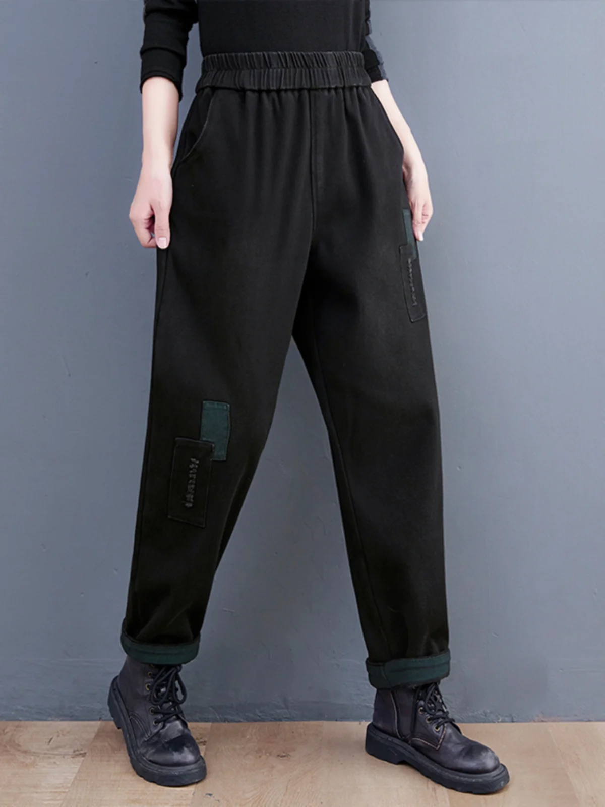 

Thiened Fce с эластичной резинкой на талии, свободные джинсовые брюки, женские длинные брюки Harlan Sle Bla, джинсы, осень-зима, новое поступление