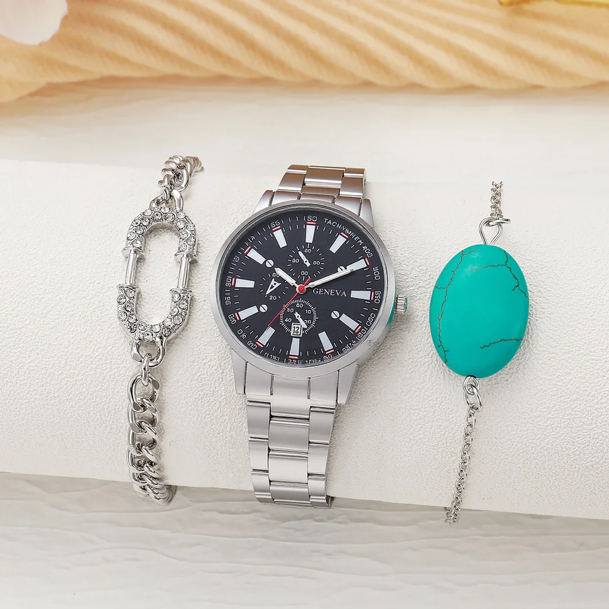 

Модная спортивная атмосфера, круглый креативный циферблат, ремешок из сплава, мужские кварцевые часы, ювелирные изделия, набор из 3 предметов, подходит для праздника anniv