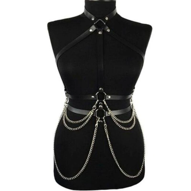 Y5GC Femmes Punk fausse en ceinture taille Halter Colombe Corps coffre avec des boucles réglables à chaîne