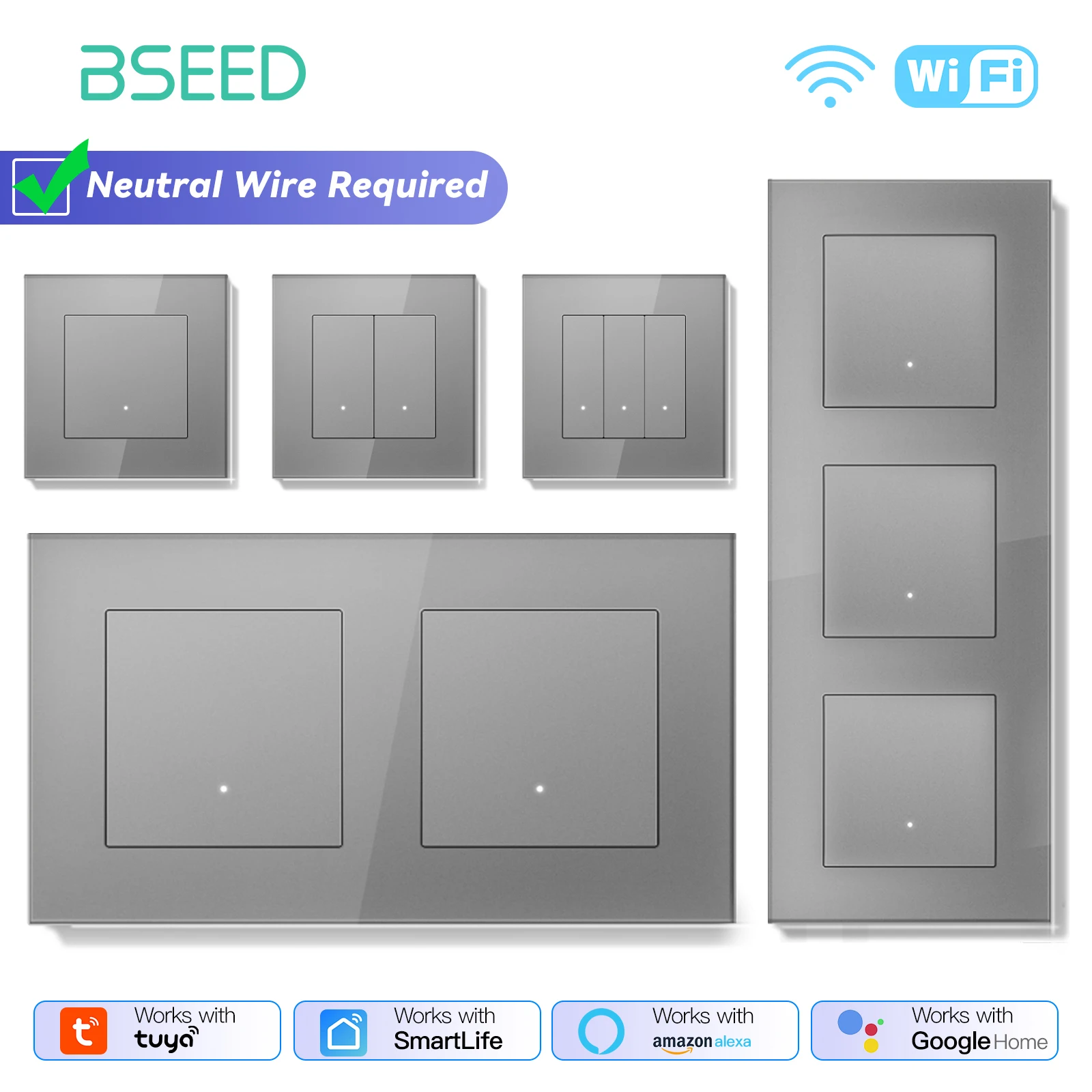 BSEED WIFI Click Switches Series 1/2/3/4Gang Wall Smart Light Switches Yellow Backlight Glass Frame Tuya APP Switch EU Standard