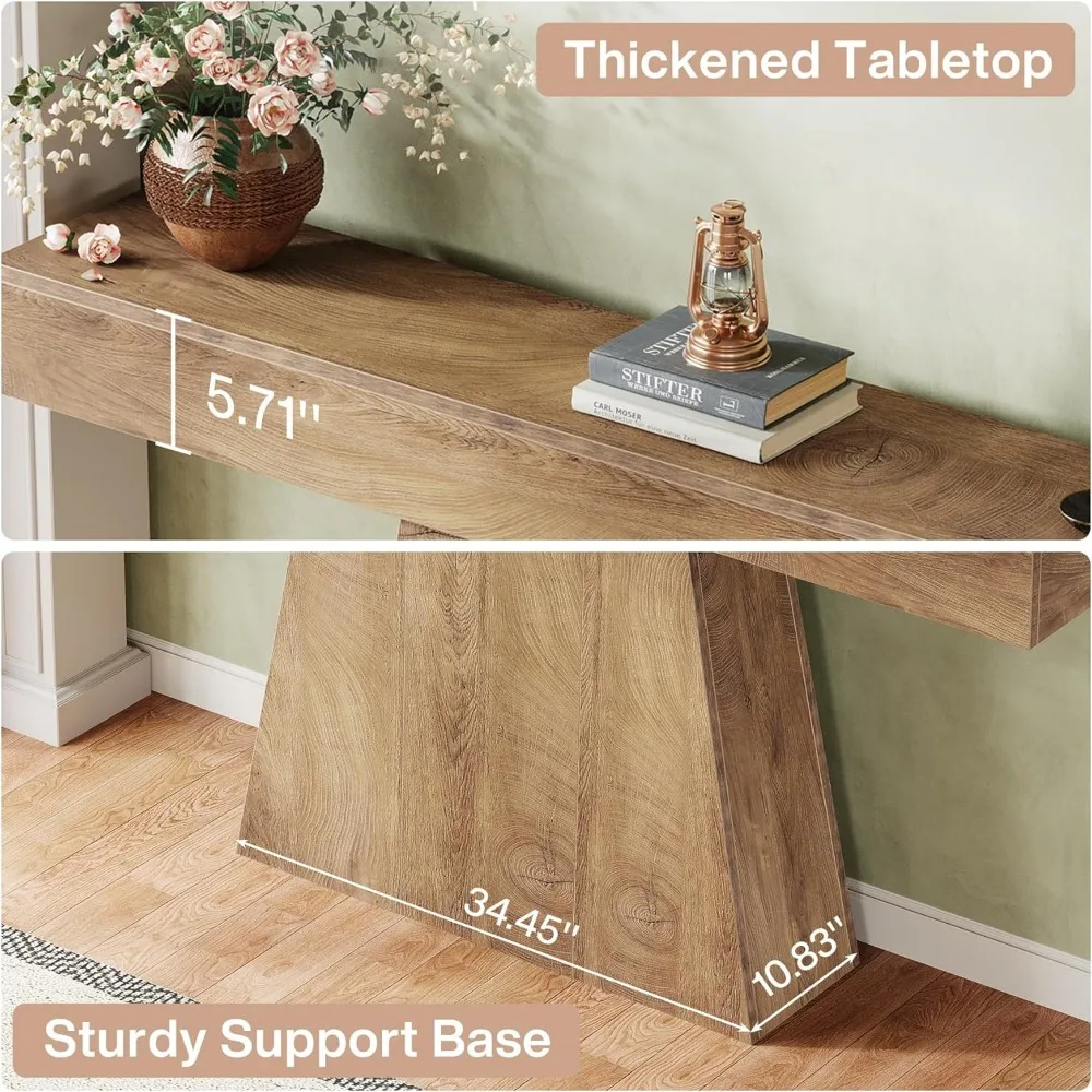 Farmhouse Style Entryway Console Table with Trapezoidal Base, Long Narrow Wood Sofa Table for Behind Couch, Rustic Look