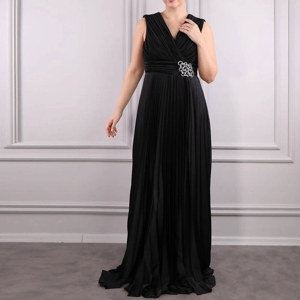 V Neck Straight Floor Length Satin Sleeveless Pleats Sweep Train Solid Color Classic Celebrity Dress Bespoke Occasion Gowns 2024