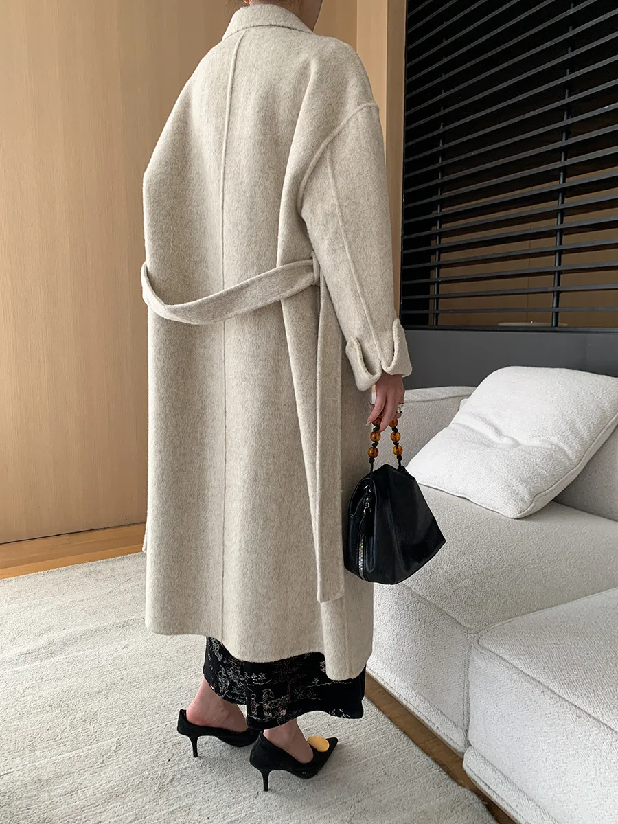 Albaka Sheep Camel Wool Double Sided Coat Warm Belted Fall Winter Outwear