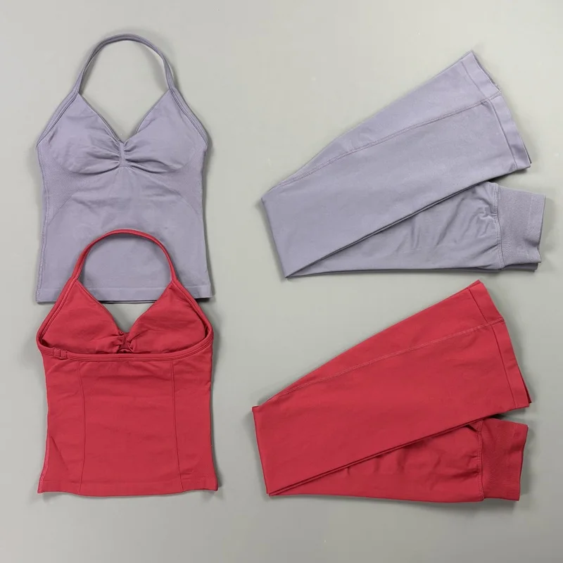 2 Piece Gym Set Women Sports Longline Strappy Top and Butt Lifting Flare Leggings Sets Seamless Fitness Workout Sportswear Suit