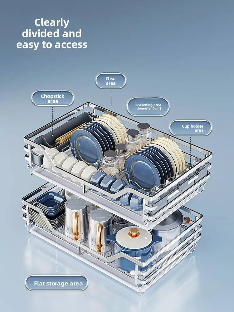 

Easy Installation Basket Kitchen Cabinet 304 Stainless Steel Double Drawer Kitchen ，Storage Bowl Basket Dish Rack