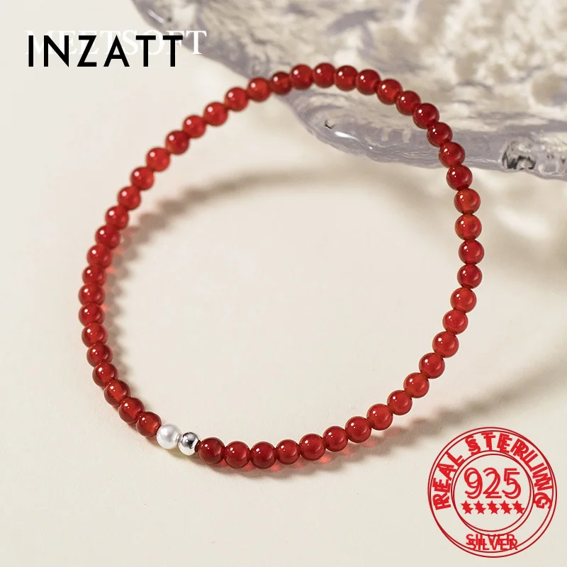 

INZATT Real 925 Sterling Silver Elastic Rope Red Agate Bead Bracelet for Women Trendy Fine Jewelry Exquisite Charm Accessories