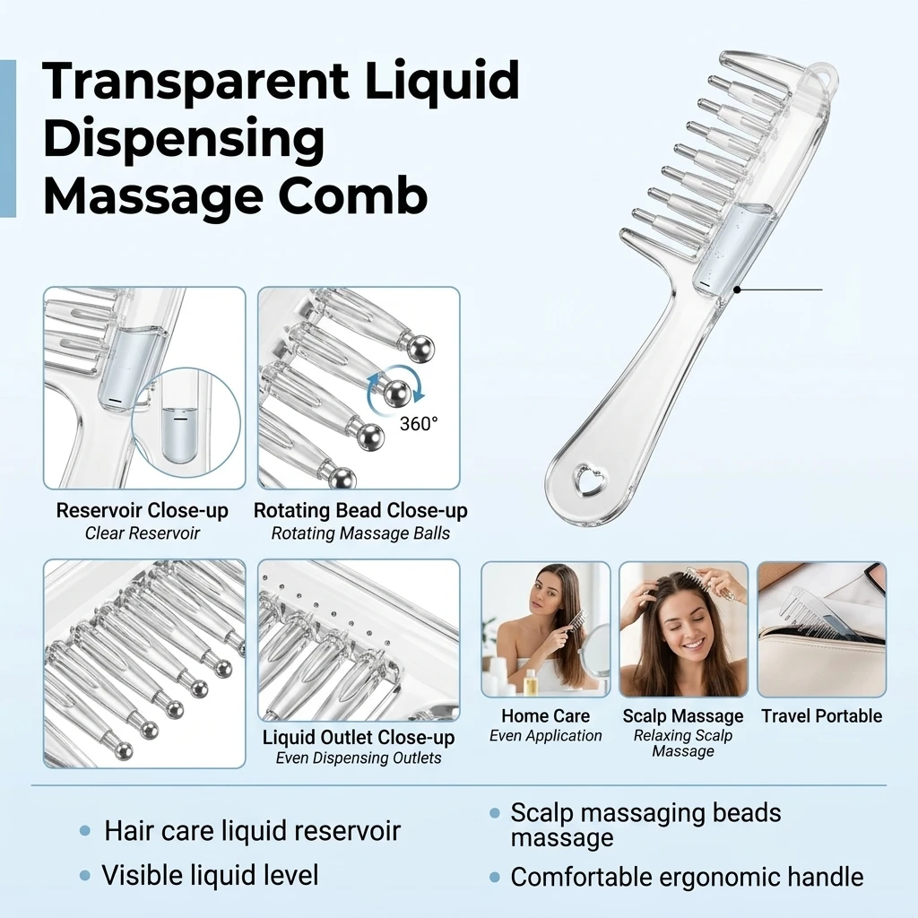 Crystal Oil Applicator Comb with Rotating Massage Beads for Scalp Care and Essential Oil for Home Spa Head Massage