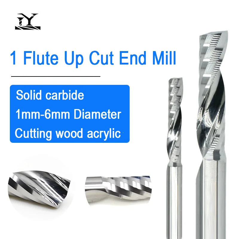 5pcs Single Flute Spiral Cutter 3.175/4/5/6mm Shank 1F Up Cut Carbide End Mill Set CNC Router Bits for Engraving Acrylic Wood