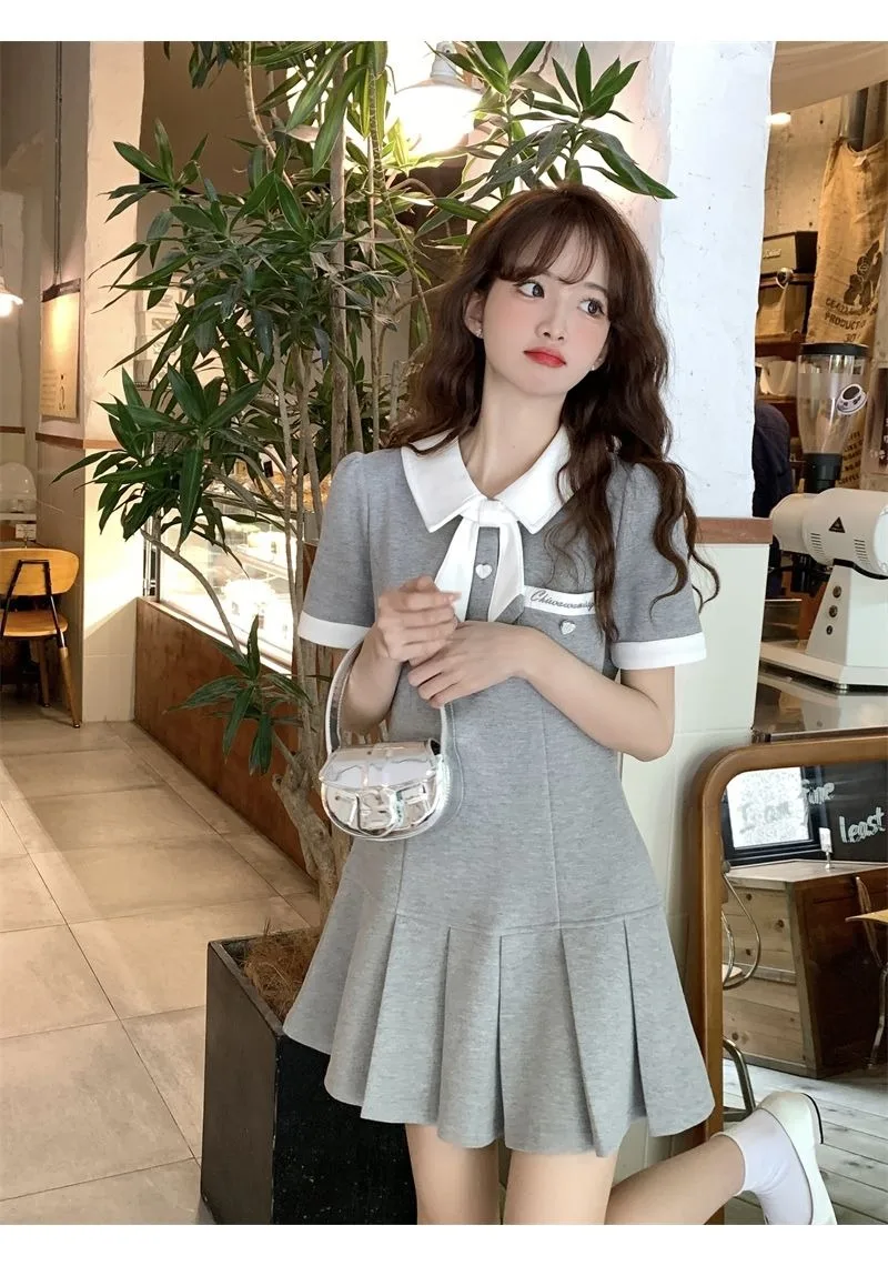 Academy Sweet Bow Pleated Dress Women Polo Neck Contrast Color Korean Fashion Summer Temperament Sport College Casual Lady Wear