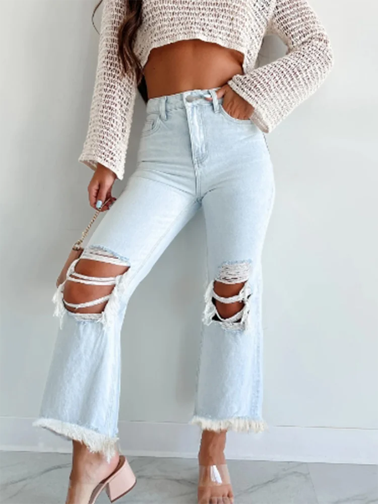 Micro Elastic High Waisted Pants Solid Color Pockets Women's Ripped Pants High Street Fashion Daily Versatile Spring Jeans