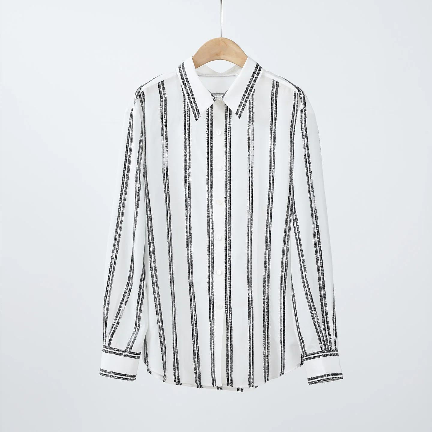 

Mulberry Silk Combed Cotton! Heavy Beaded Embroidery Striped Minimalist Commuter Long Sleeve Shirt Woman