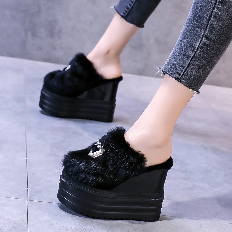 13CM Autumn winter internal increase thick sole warm rabbit hair baotou slippers wedge pine cake lazy women's shoes high heels