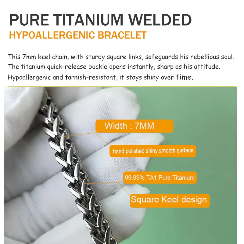 7mm TA1 Pure Titanium Square Keel Chain Bracelet for Men Hypoallergenic Anti-Tarnish Welded Hip Hop Punk Jewelry Gift for Him