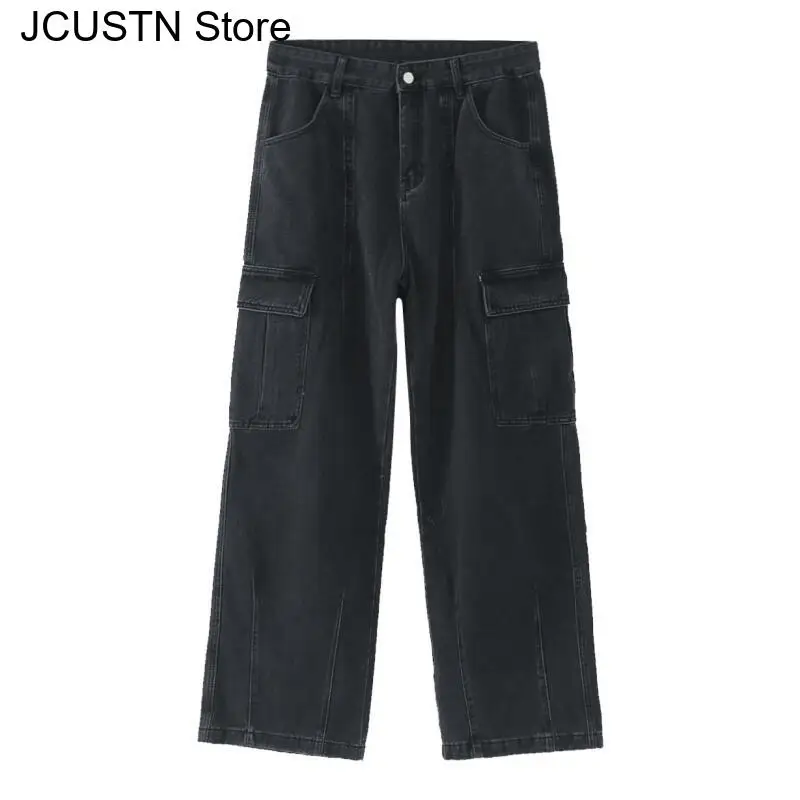 Men Cargo Wide Leg Jeans Blue Denim Pants Multi Pockets Stitched Seam Design Loose Baggy  Streetwear Casual Trousers