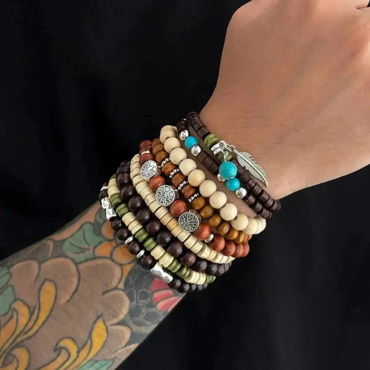 

9Pcs/Set Ethnic Feather Tree of Life Pendant Bracelet for Men on Hand Elastic Wooden Beaded Bangles Couple Jewelry Gift