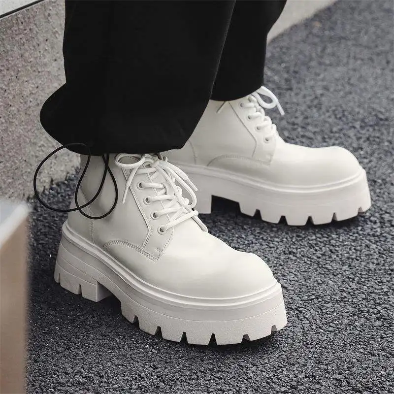 Korean style men fashion platform boots black white genuine leather shoes cowboy chunky boot spring autumn cool ankle botas mans