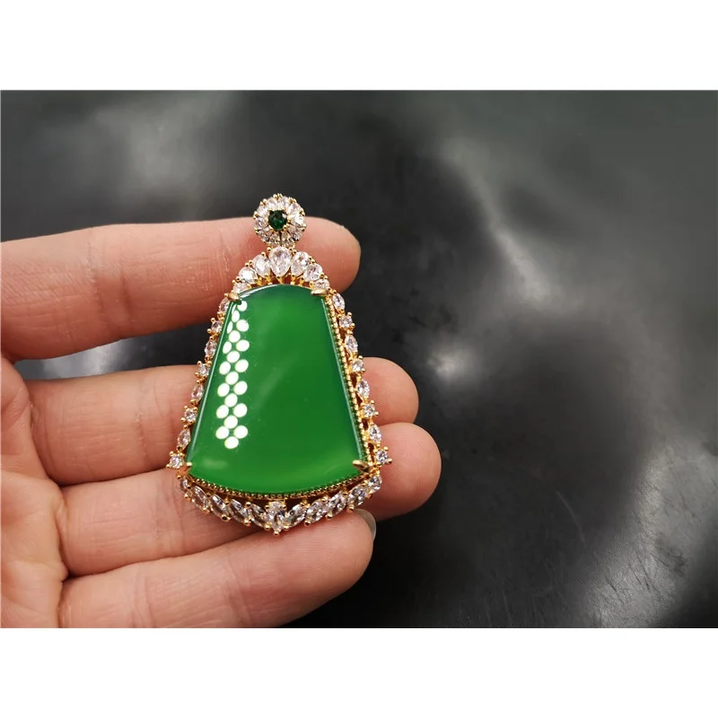 Cheap Jade New925Silver Inlaid Green Chalcedony Safety Pendant Green Agate Trapezoid Pendant