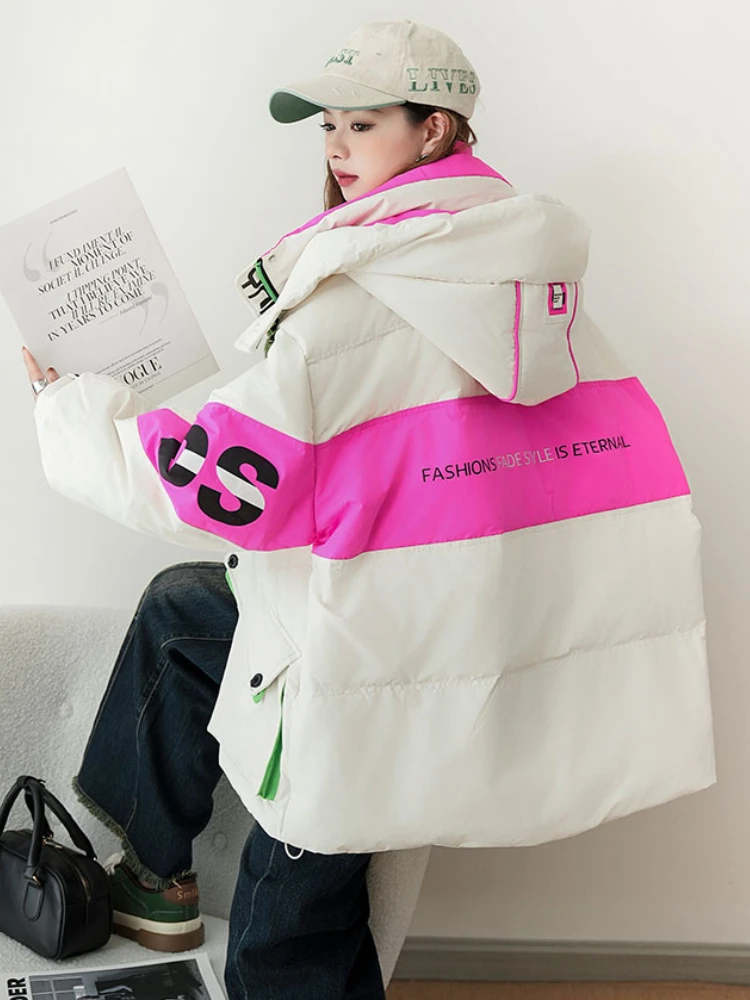 Thickened Work Down Jacket Women 2023 Winter New Korean Style Casual Loose Contrast Color Letter Oversize White Duck Puffer Coat