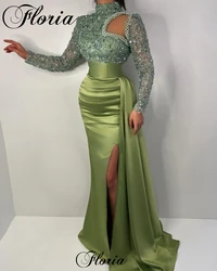 Simple Green Evening Dresses Mermaid High Neck Long Sleeves Prom Party Dresses Cocktail Dresses For Women Vestidos Para Mujer