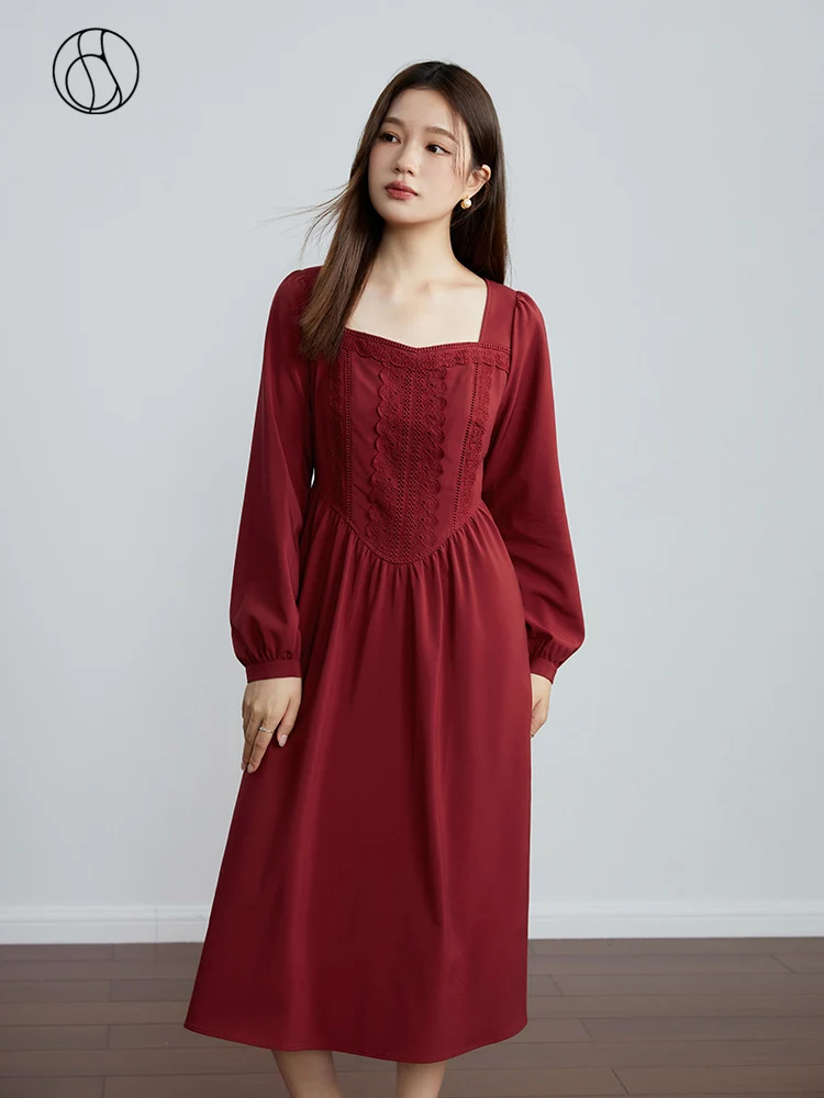 

DUSHU Retro Red Women Temperament Lace Decoration Square Neck Long Dress Autumn New Long Sleeve A-LINE Skirts Mid-Calf Dresses