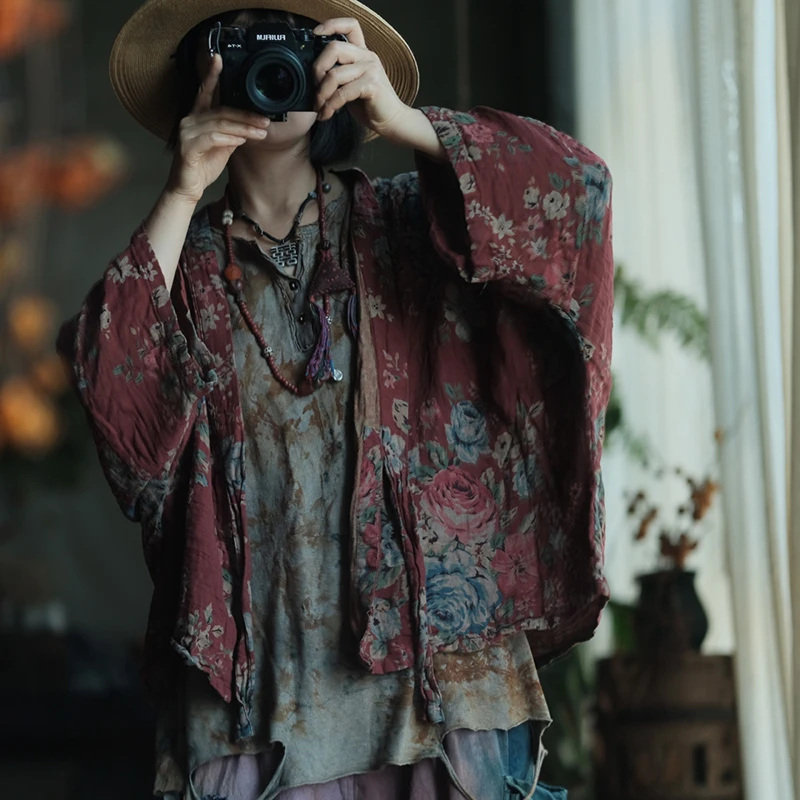 Oversized Women Casual Cotton Shirt New 2025 Spring Vintage Style Floral Print Loose Female Batwing Sleeve Tops Shirts M1391 - Image 2