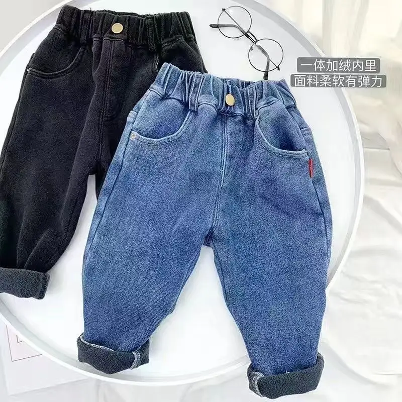 Boy Jeans 2023 Velvet Winter Warm 2-7T Jeans for Girls Pants Boys Fall Outerwear Clothes Teenagers Trousers Kids Pant