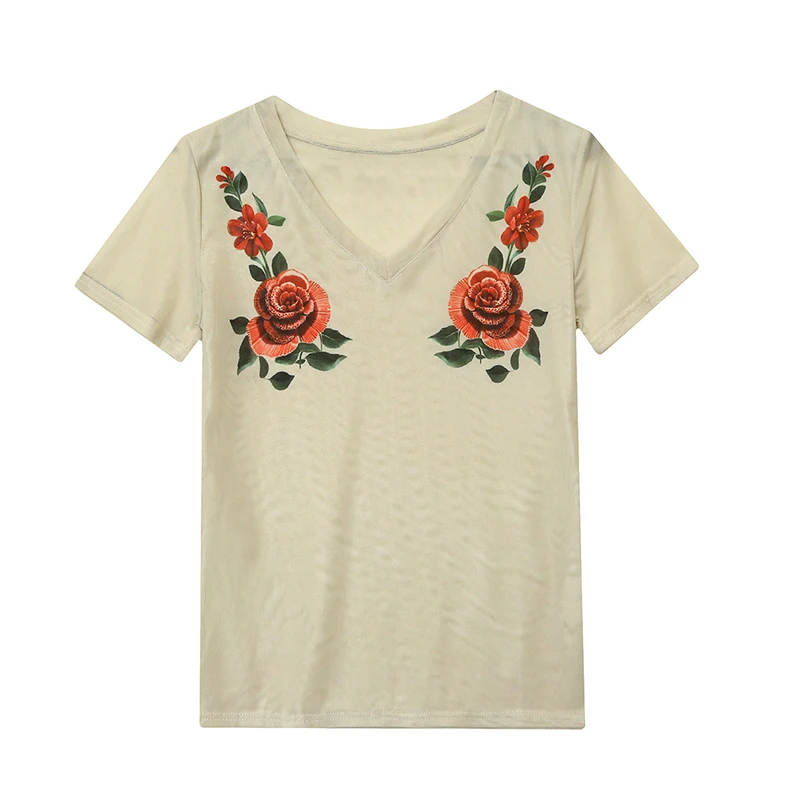 Camiseta con estampado de flores para mujer, ropa Europea elegante y Sexy, cuello en V, camisetas informales ajustadas de manga corta 2024