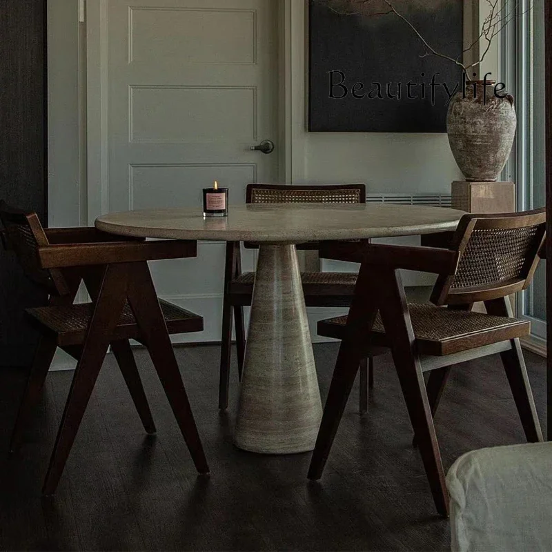 M Medieval Style Natural Marble Dining Table Hotel Designer Round Cone Travertine Italian Style