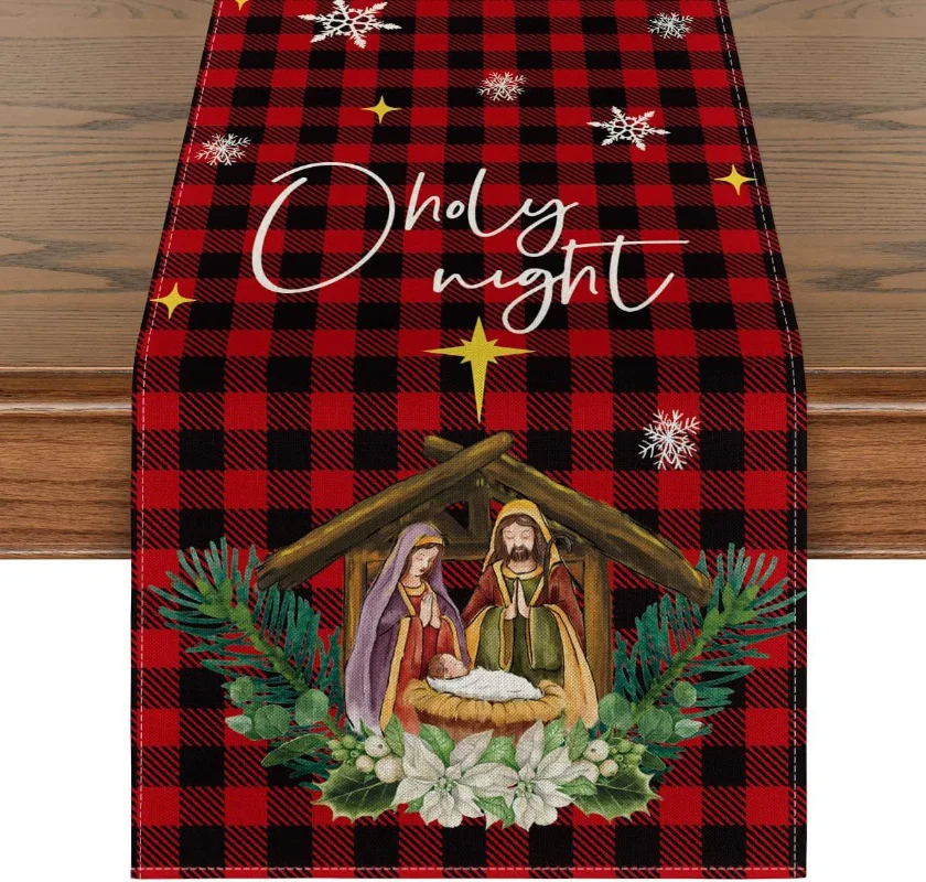 Hot Selling Christmas Table Runner  Plaid Snowflake Jesus Pattern   Restaurant  Mat New Year Gift