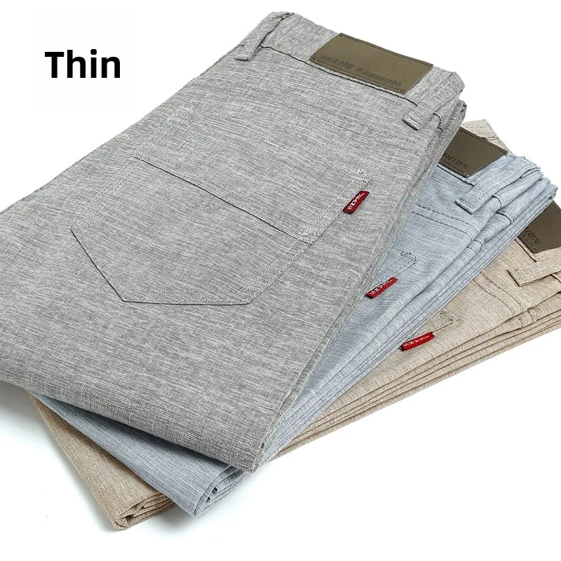 

Summer Ice Silk Linen Men's Casual Pants Slim Straight Loose Busin Cotton Linen Thin Model Faion Ci Sle Long Pants