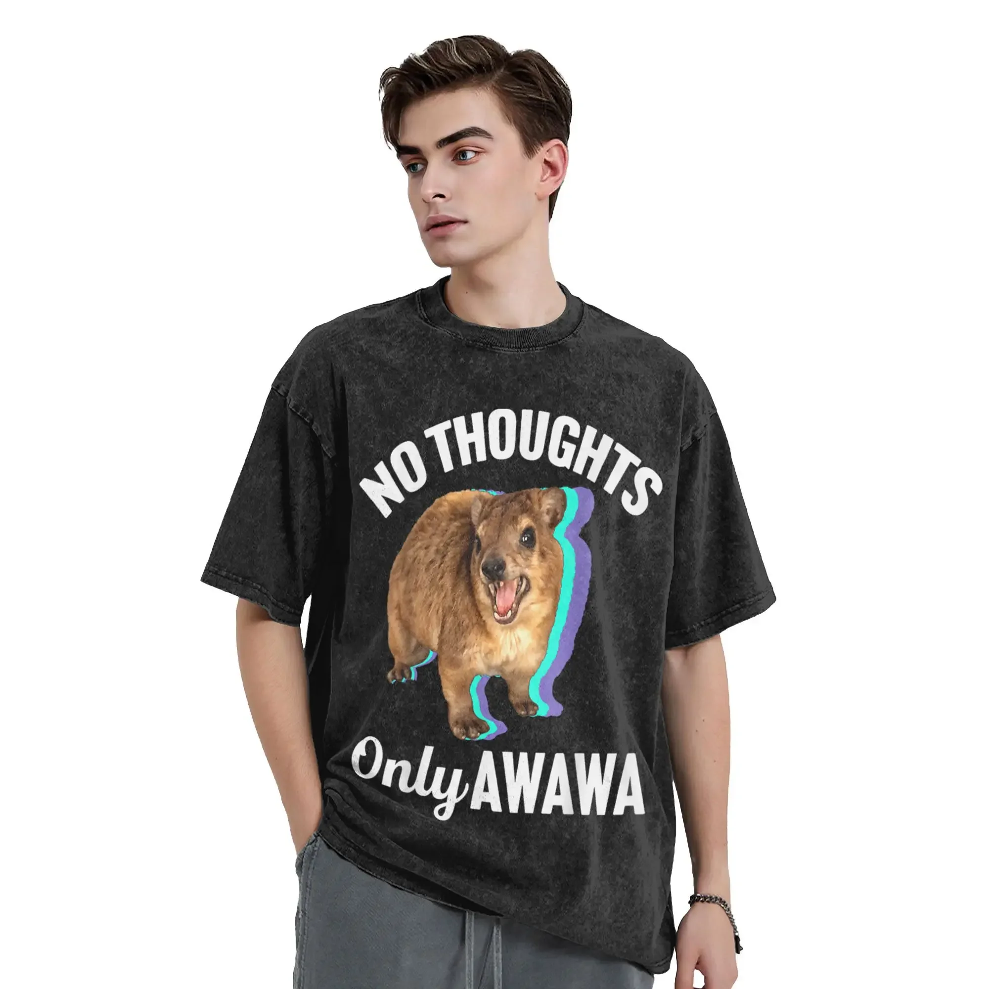 No Thoughts Only Awawa Men's T Shirt Washed Angry Screaming Hyrax Meme Tee Shirt Short Sleeve Crewneck Plus Size Tops