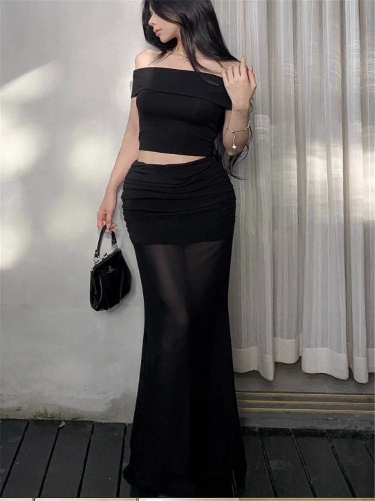 섹시한 여성 여름 블랙 커피 두 조각 세트 오프 어깨 슬림 티셔츠 탑 & 하이 웨스트 펜슬 쉬어 롱 스커트 세련된 2pc 정장