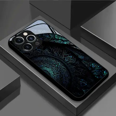 Glow-in-the-Dark Mandala Tempered Glass Phone Case For iPhone 16 Case iPhone 17 15 13 11 14 12 Pro Max XS XR 16E 7 8 Plus Cover