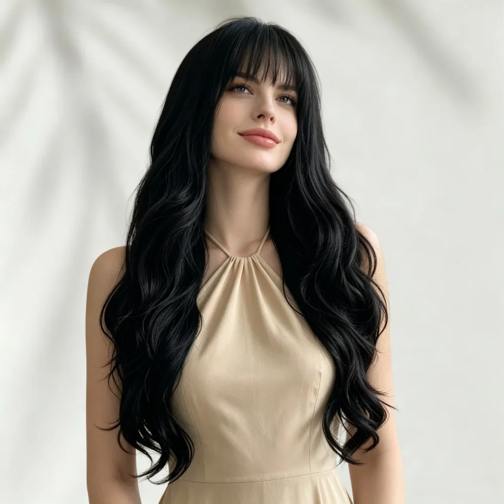 Black fashion wavy curly hair synthetic wig - Halloween party cosplay role-playing wig - Daily party wig - Hot wire wig set