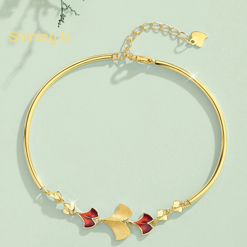 Shining U S925 Silver Ginkgo Leaf Bracelet for Women Gold Plated New Chinese Style Fine Jewelry New Year Gift