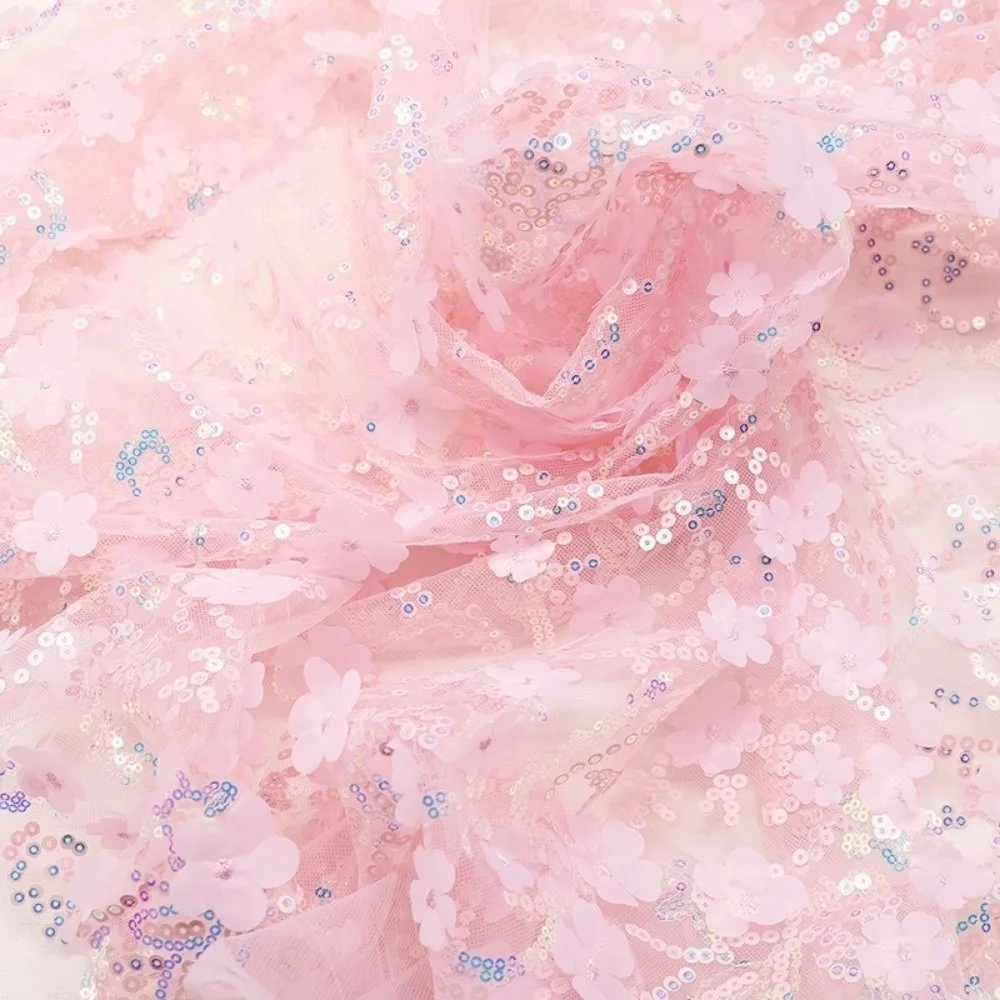 

1yard 130cm Mesh Lace Fabric Petal Embroidery Handmade 3D Flower Tulle Fabric High Quality Sequin DIY Bow Material