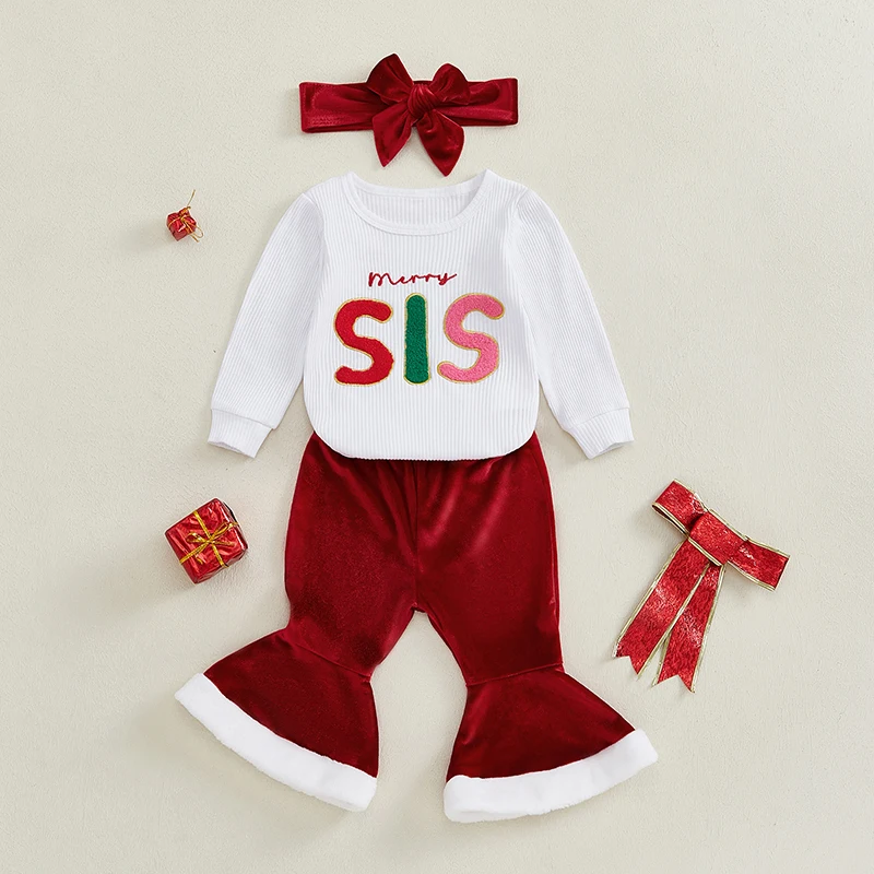 Kleinkind Baby Mädchen Weihnachten Outfits Nette Lange Hülsenspielanzug und Samt Flare Hosen Stirnband 3PCS Sets Neugeborene Kleidung